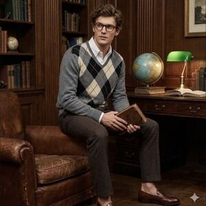 Vintage J Crew Argyle Sweater Men XL 100% Lambs Wool Chunky Knit Academia Preppy